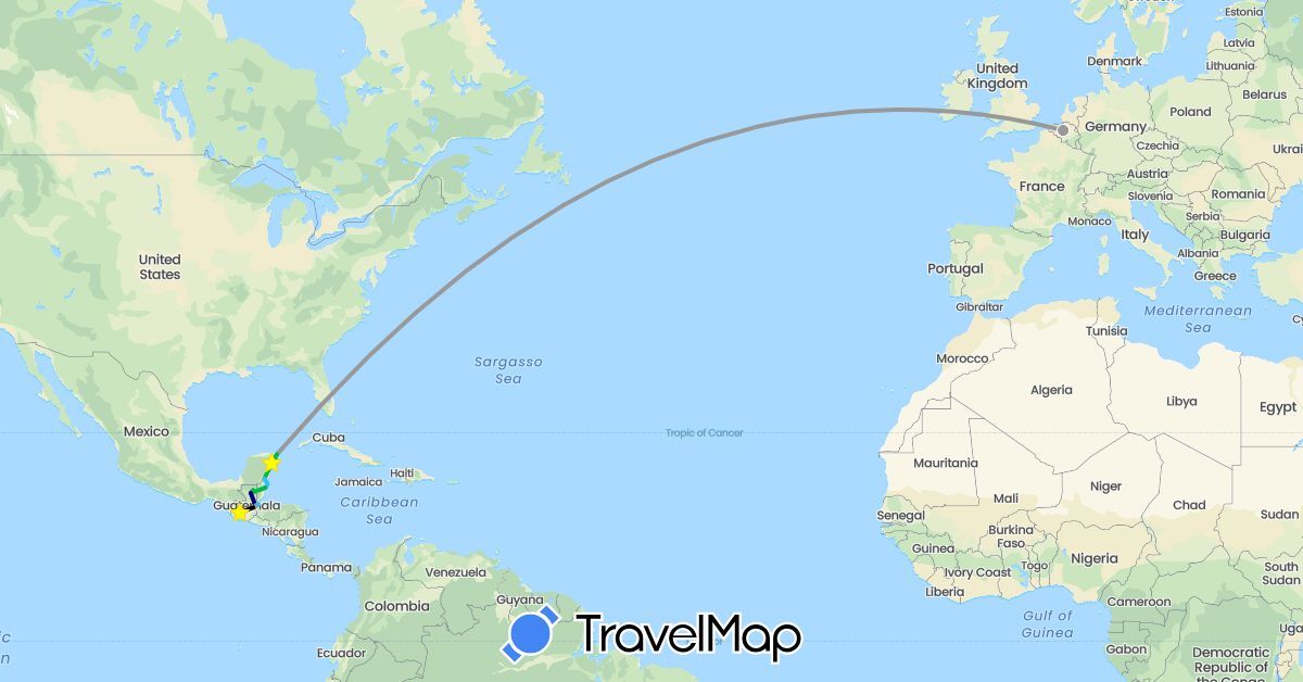 TravelMap itinerary: driving, bus, plane, boat, jeep de beto in Belgium, Belize, Guatemala, Mexico (Europe, North America)
